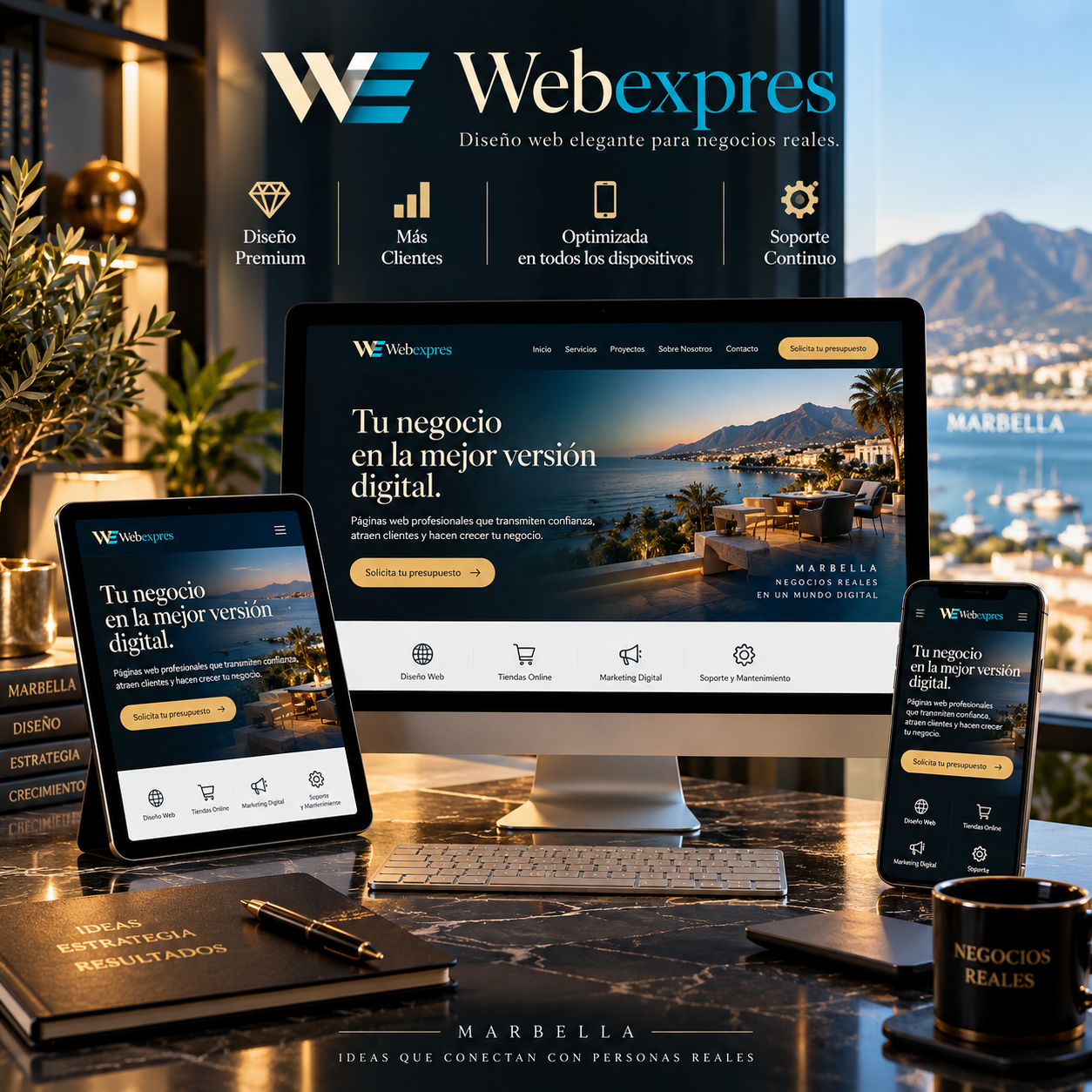 Webexpres: presencia web presentada en ordenador, tableta y móvil, con Marbella al fondo.